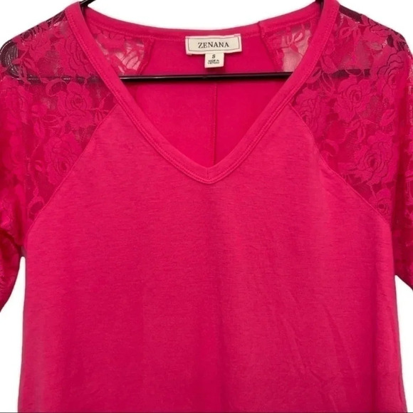 1 LEFT! Hot Pink Lace Sleeve V Neck Top - Picture 4 of 4